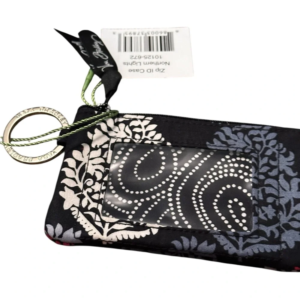 Vera Bradley Black Floral Zip ID Case Northern Lights with Key Ring - Picture 2 of 6